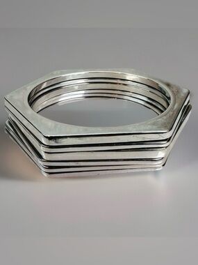Vintage weighted set of 6 Silvertone geometric, modernist bangle bracelets